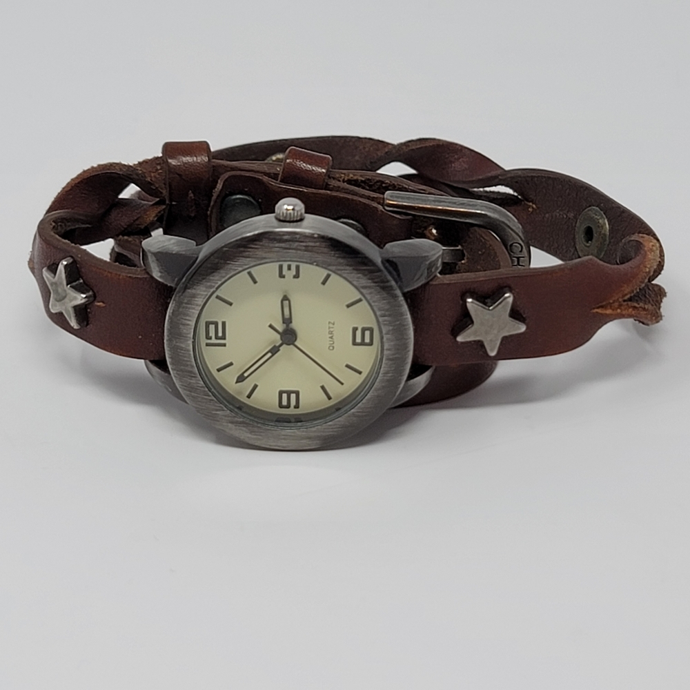 Braided Leather Belt Watch Silver Star Studded Adjustable